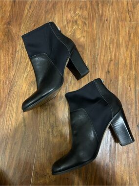 Adrienne Vittadini Black Leather & Stretch Ankle Boots With Zipper